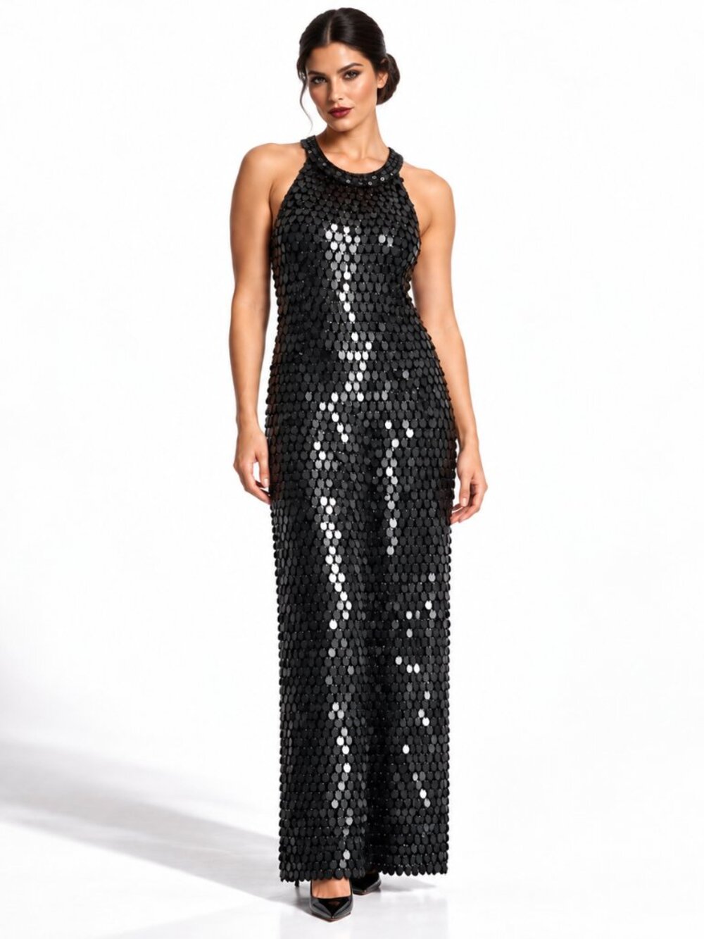 Sue Wong Nocturne Black Silk Paillette Sequin Halter Maxi Evening Gown Size 12